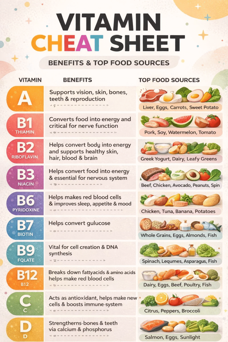 Essential Vitamin Guide Benefits  Food Sources Cheat Sheet