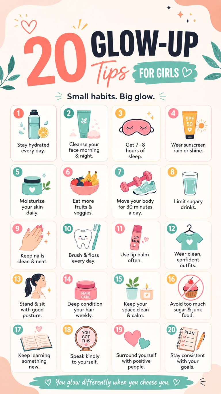 20 Glow Up Tips for Girls Daily Self-Care Habits for Healthy Skin, Hair  Confidence