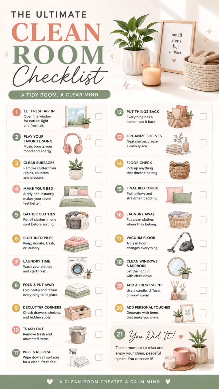 Clean Room Checklist  Aesthetic Bedroom Reset, Decluttering  Cleaning Routine Guide
