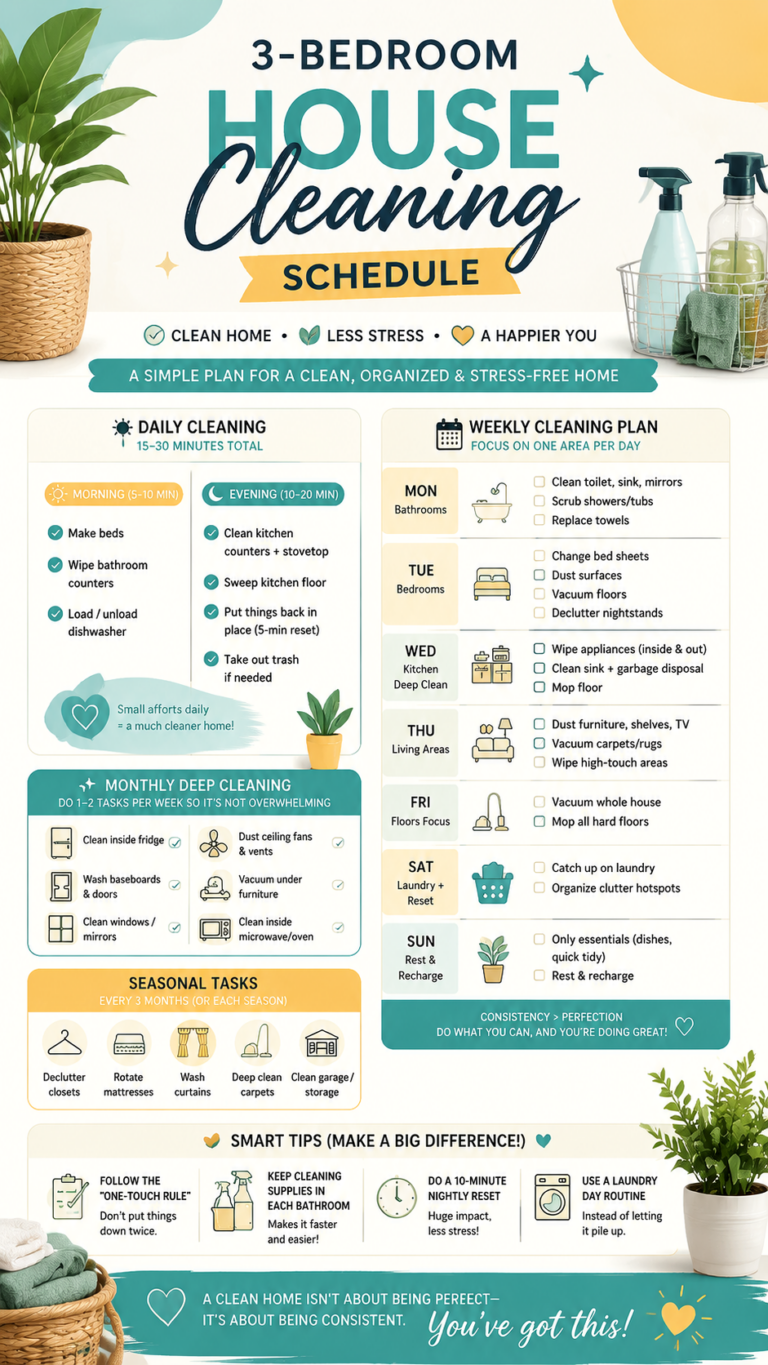 3 Bedroom House Cleaning Schedule Checklist for a Clean, Organized  Stress-Free Home