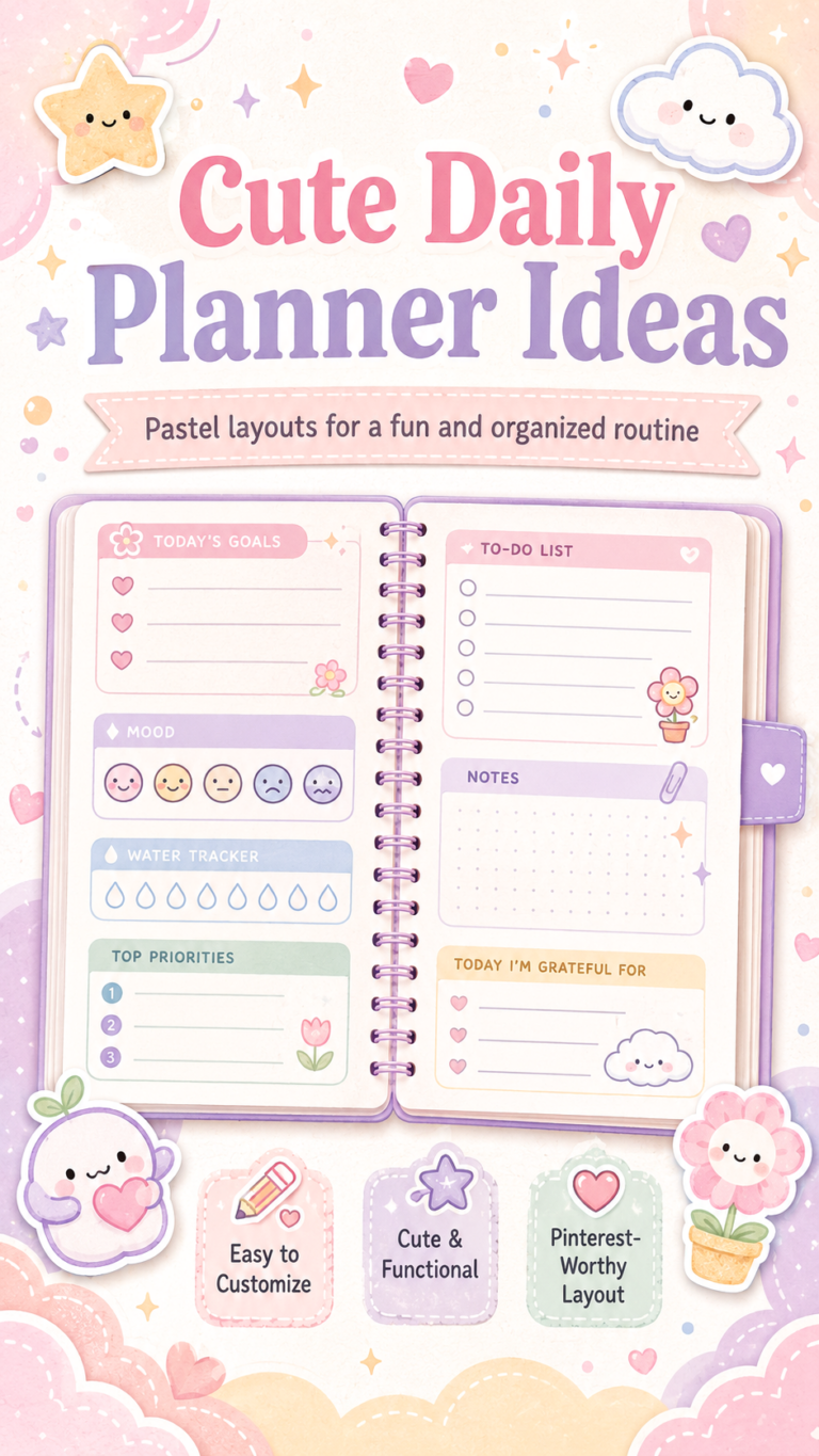 Cute Kawaii Daily Planner Printable with Meal Tracker, Goals and Notes