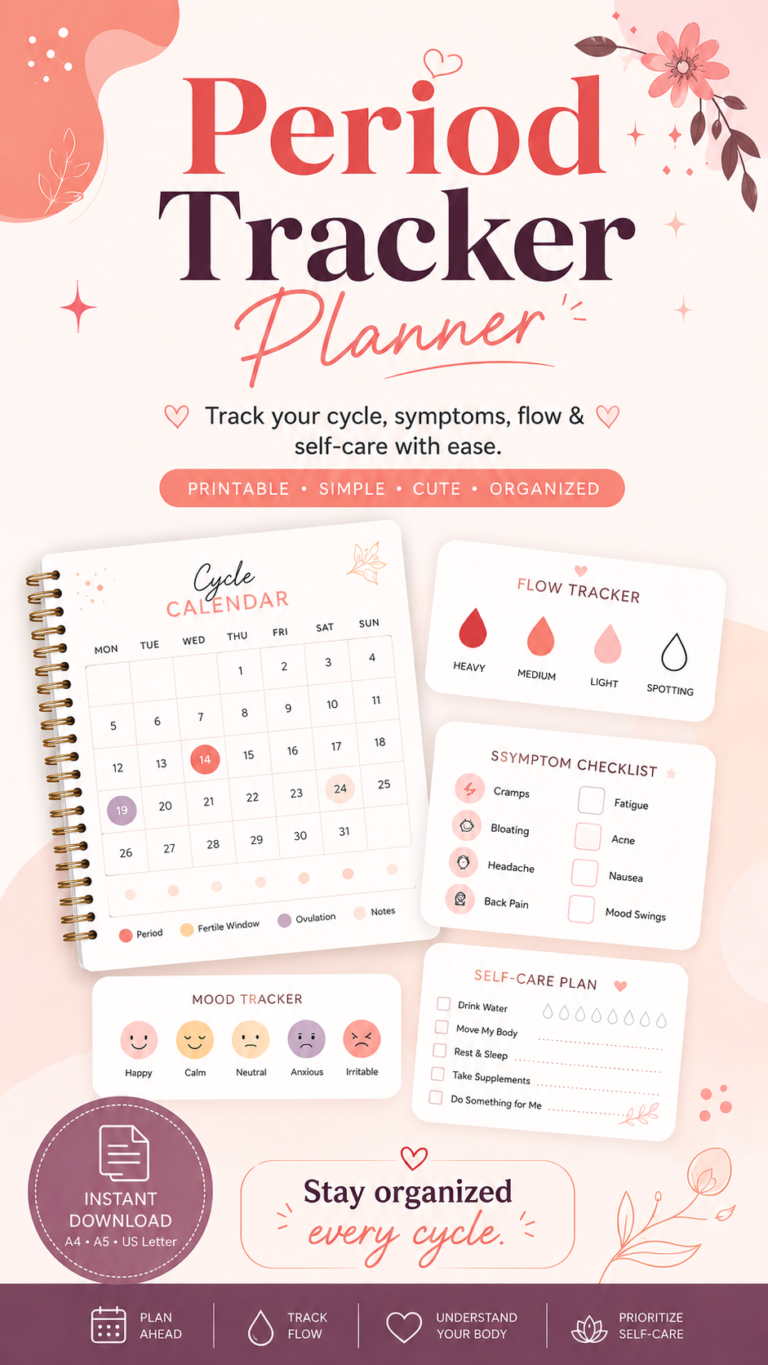 Cute Period Planner Printable for Cycle Tracking, Symptoms, Mood  Self Care