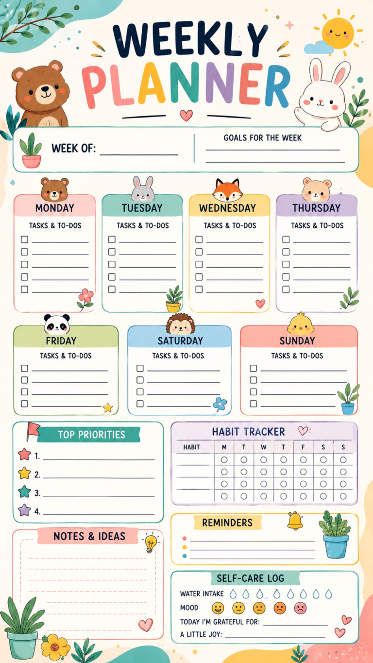 Cute Weekly Planner Printable Template  Kawaii Habit Tracker  Productivity Organizer