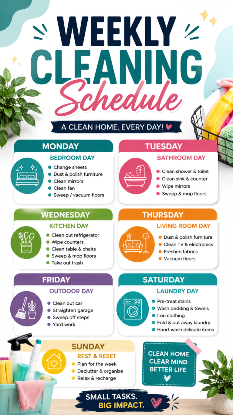Weekly Cleaning Schedule Checklist for a Clean, Organized  Stress-Free Home