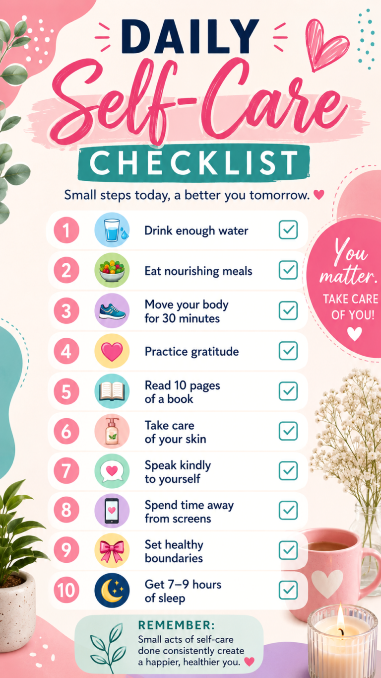 Daily Self-Care Checklist for Women Healthy Habits for Wellness and Balance