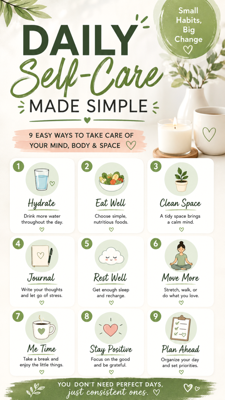 Daily Self-Care Habits in White Clean Living, Calm Mind  Healthy Lifestyle Tips