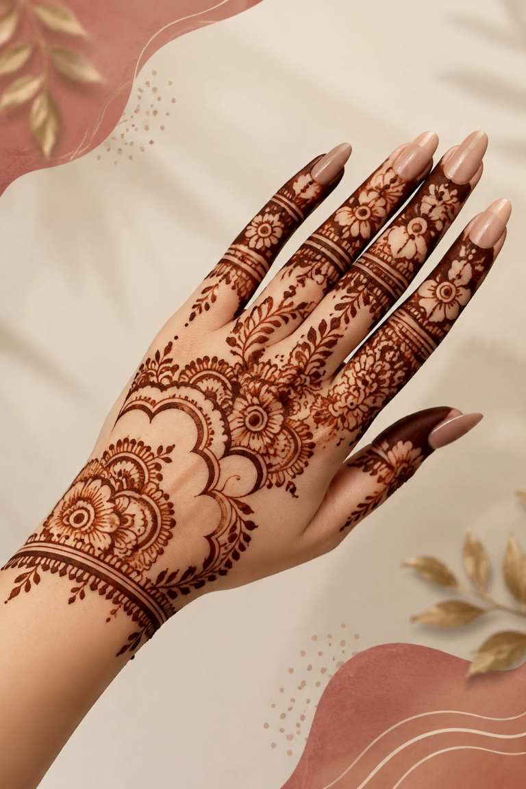 Elegant Floral Mehendi Design for Back Hand  Easy Bridal Henna Inspiration