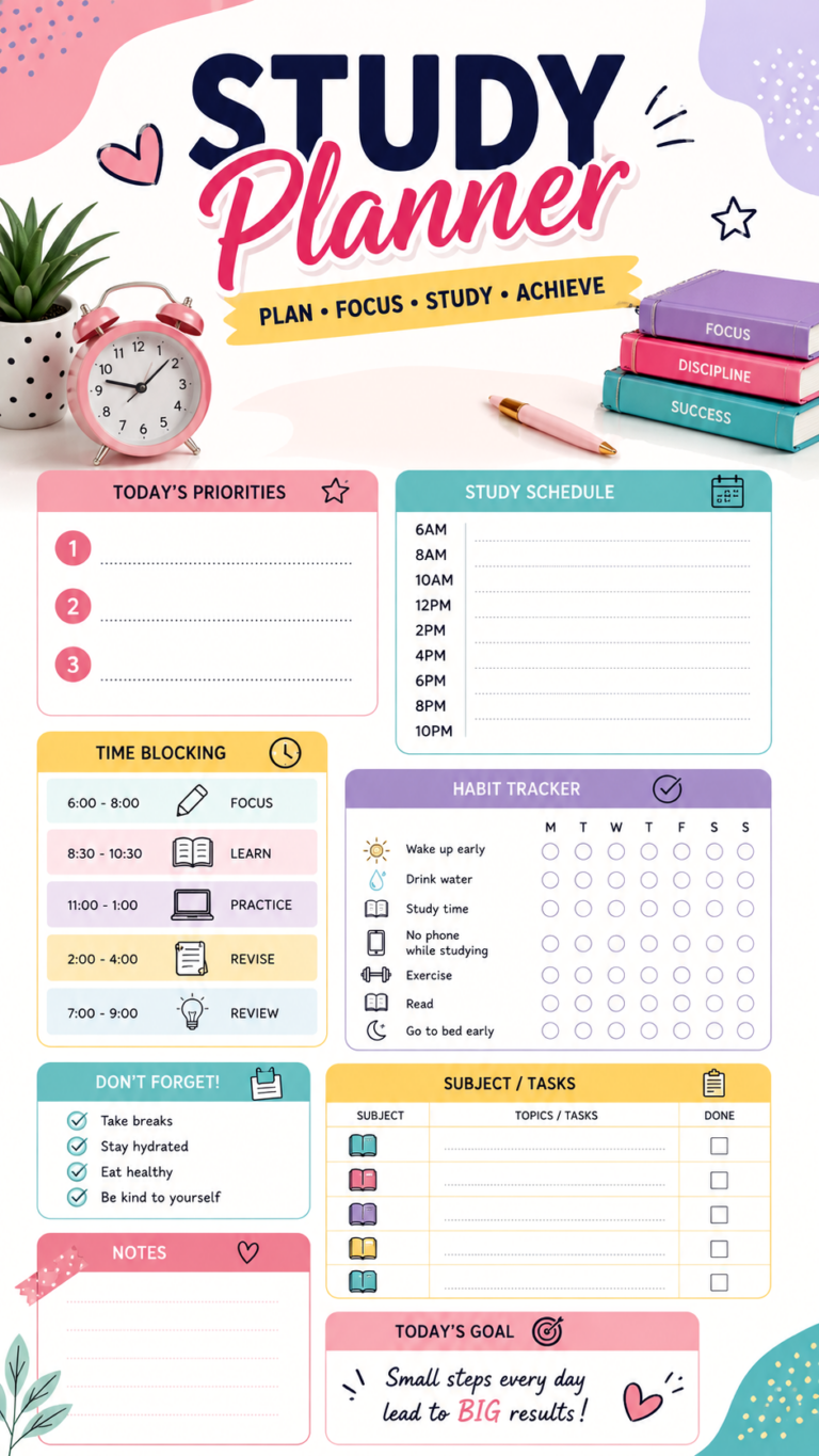 Cute Pink Study Planner Template for Students  Daily Study Schedule  Habit Tracker