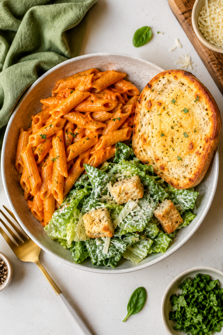 Easy Creamy Penne Pasta with Caesar Salad  Garlic Bread Dinner Idea