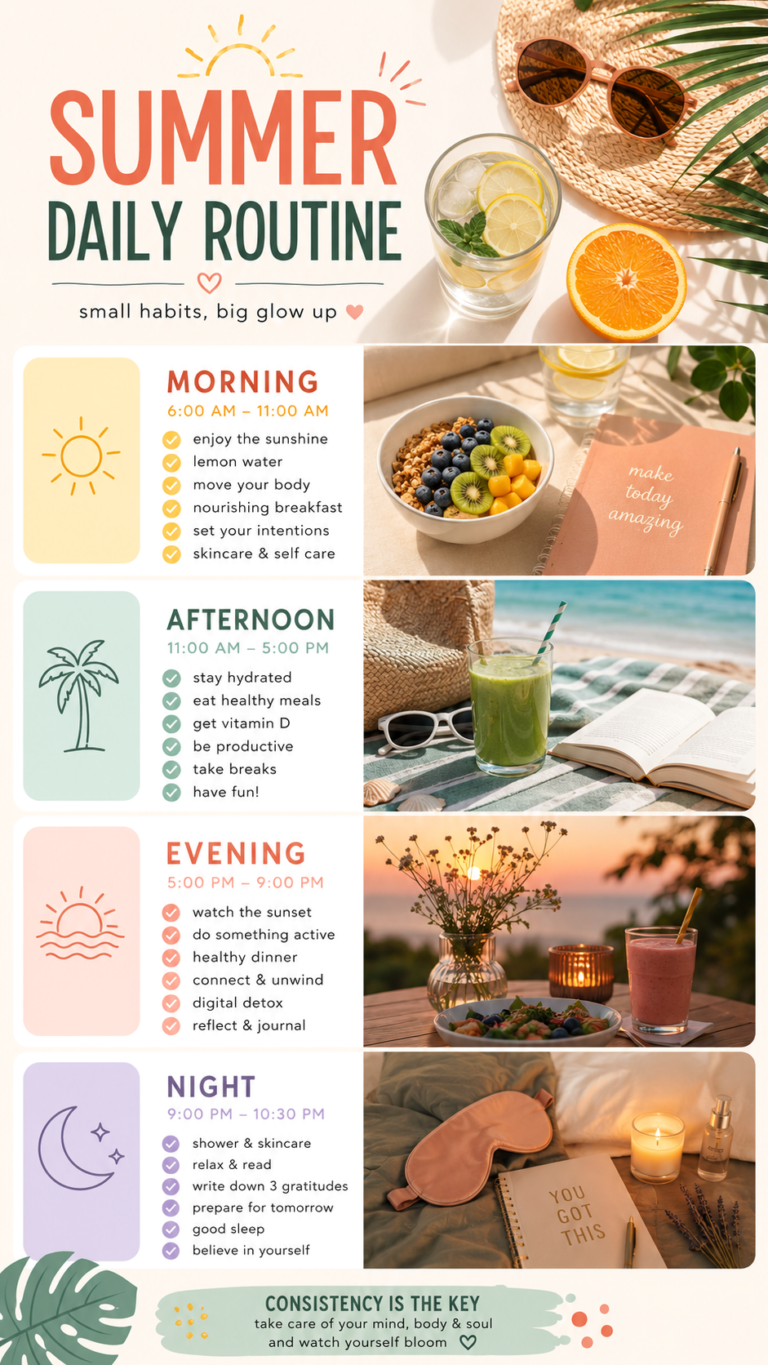 Summer Daily Routine Ideas for a Healthy Glow Up, Wellness Habits  Self Care Tips