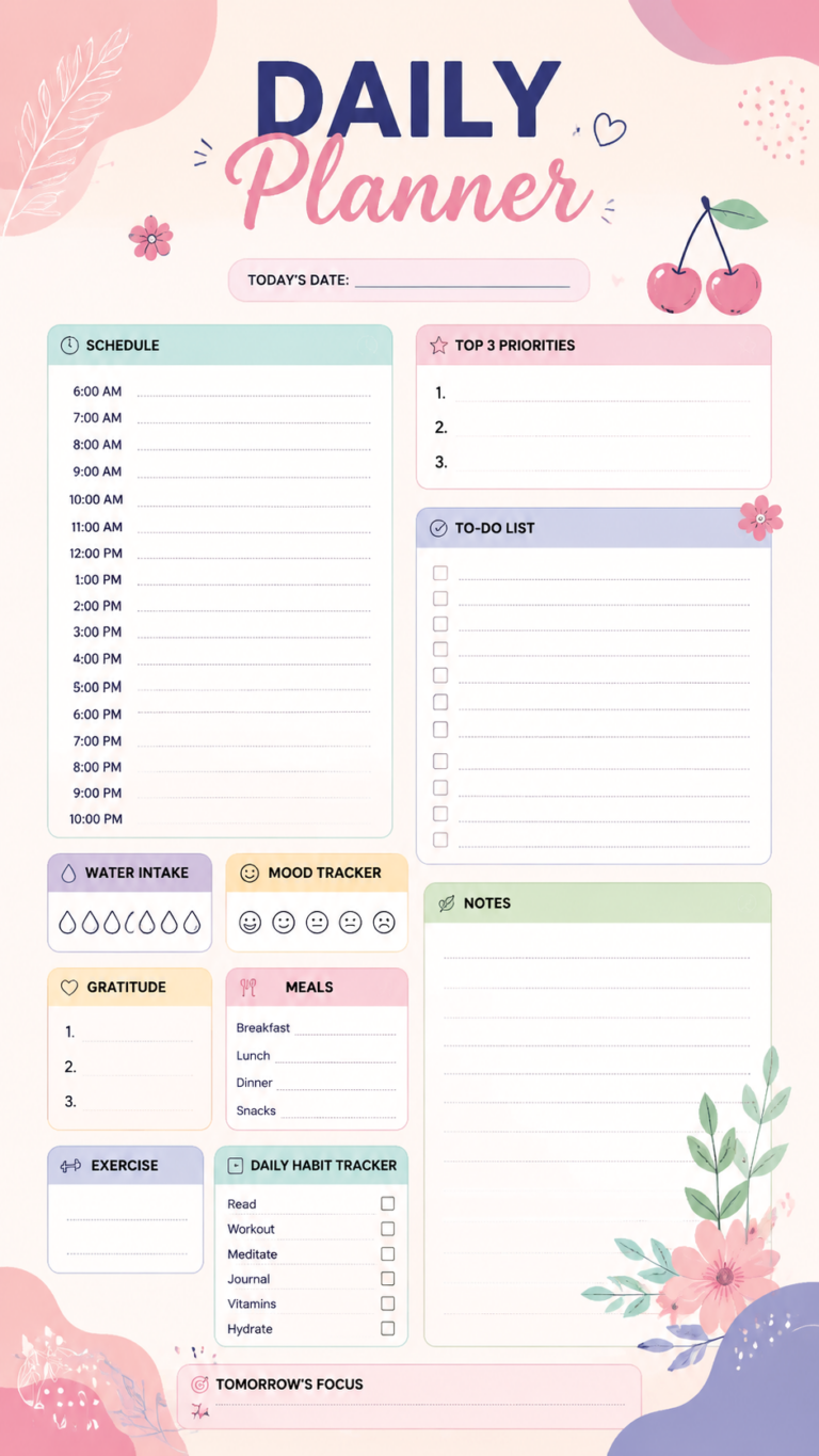 Cute Aesthetic Daily Planner  Pretty Planner Template for Organization  Productivity