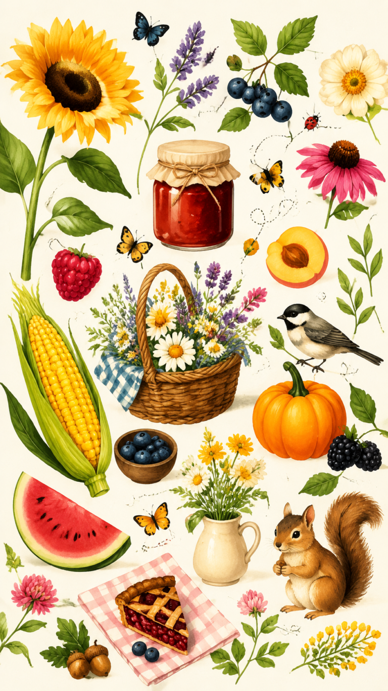 Welcome August Watercolor Art  Cozy Summer Harvest Garden Inspiration