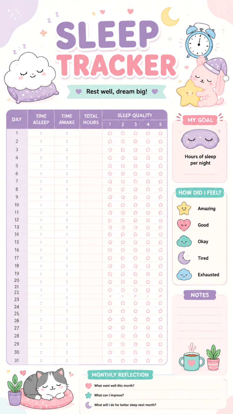 Cute Hello Kitty Sleep Tracker Printable  Bedtime Routine Planner for Kids  Teens
