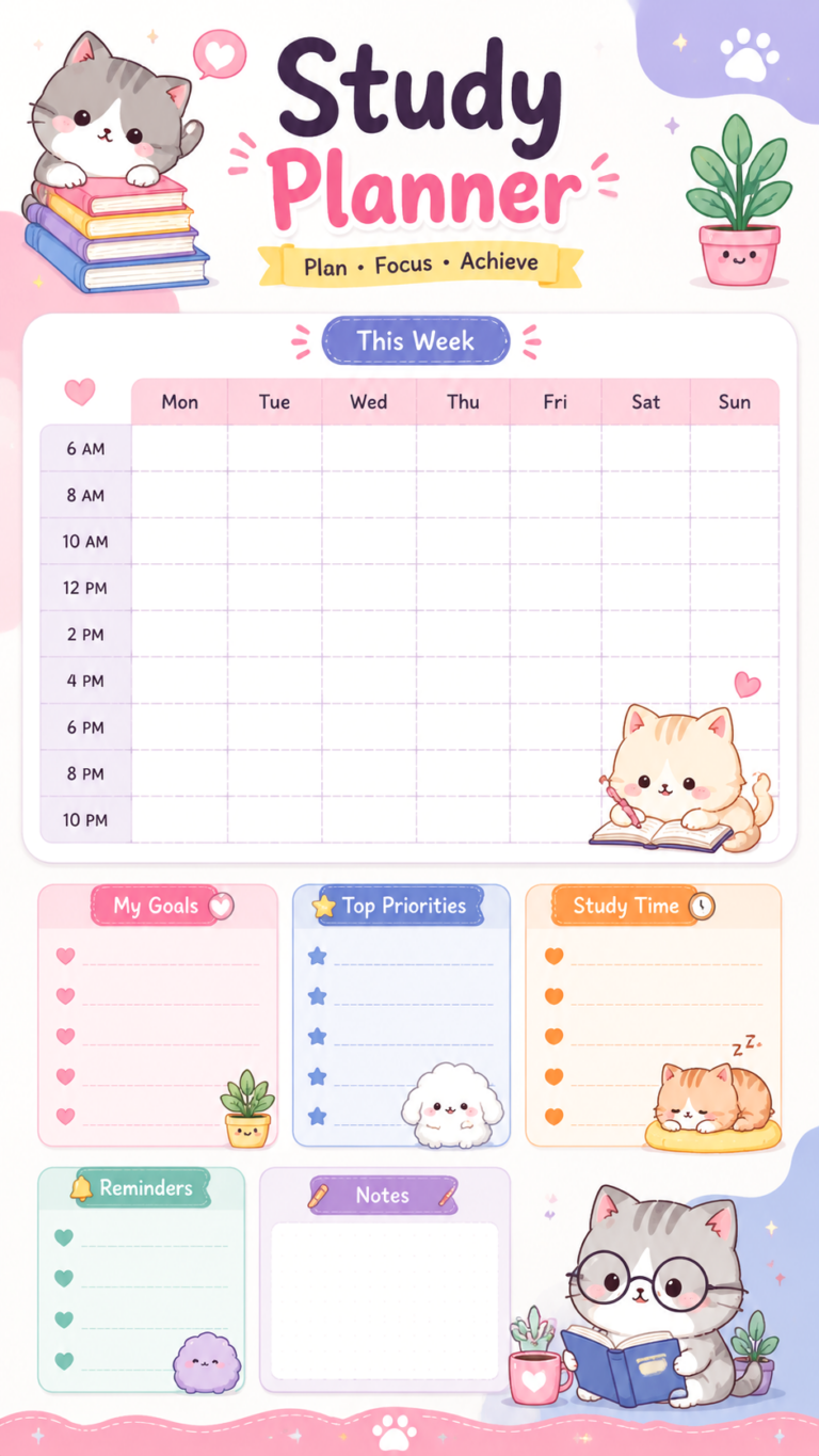 Cute Kawaii Study Planner   Printable Weekly Planner for Students