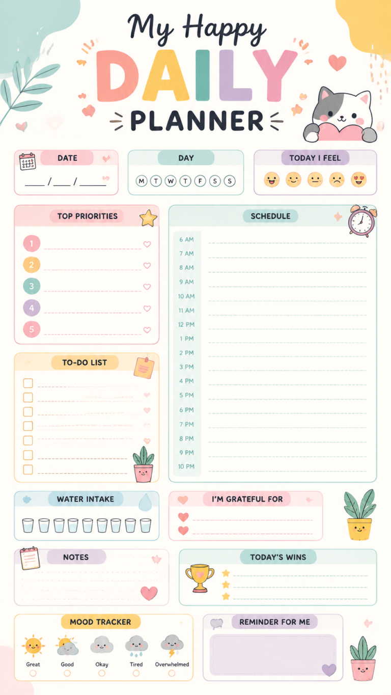 Cute Pink Daily Planner Printable  Kawaii Planner PDF for Productivity