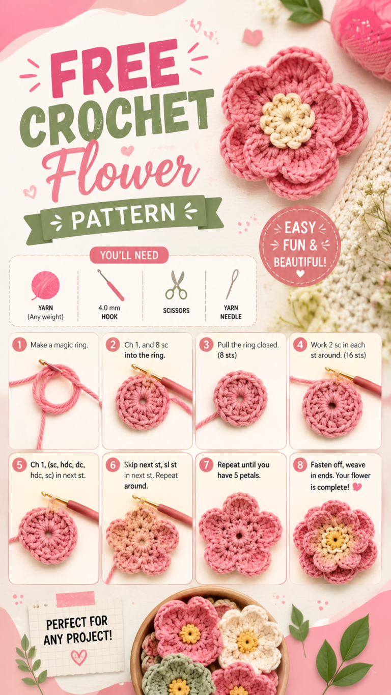 Easy Crochet Flower Pattern for Beginners  Free Step-by-Step Tutorial