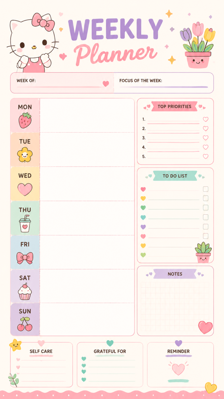 Cute Hello Kitty Weekly Planner Printable  Kawaii Calendar  Schedule Template