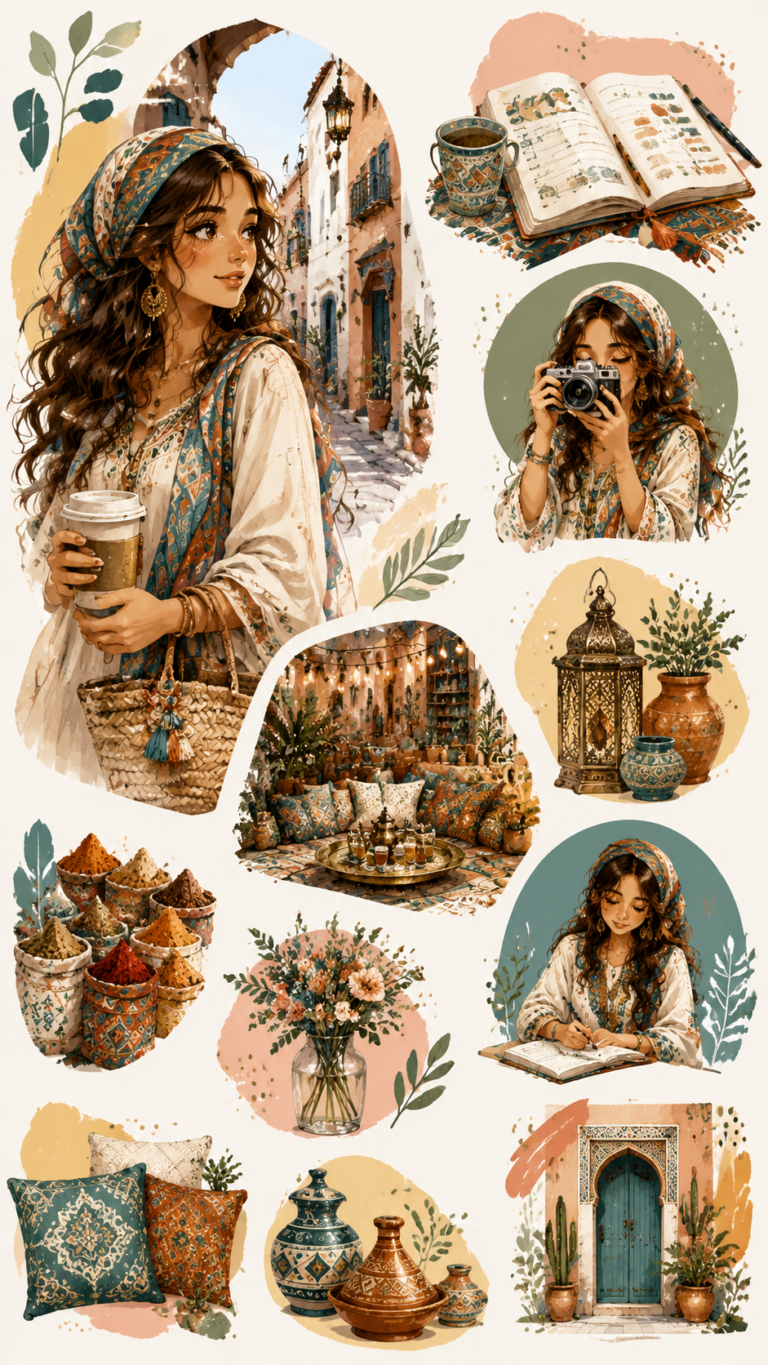 Moroccan Planner Girl in Desert Market  Travel Journal  Aesthetic Ideas
