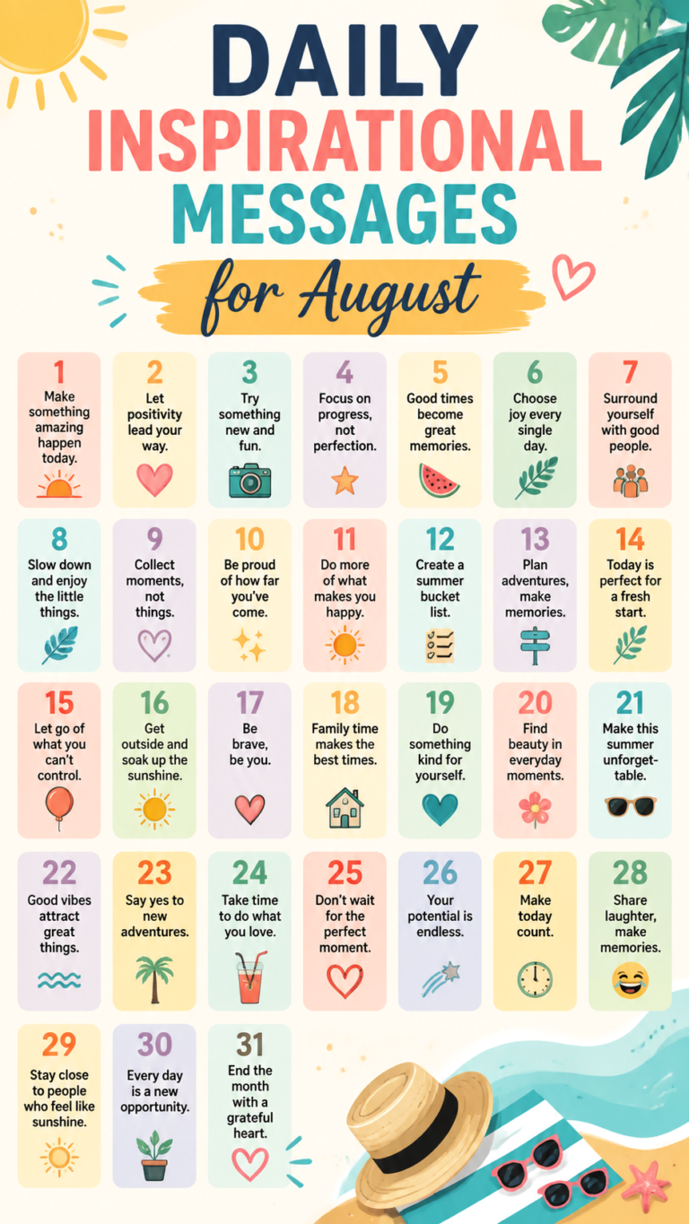 Daily Inspirational Messages for August Positive Quotes  Summer Motivation Calendar