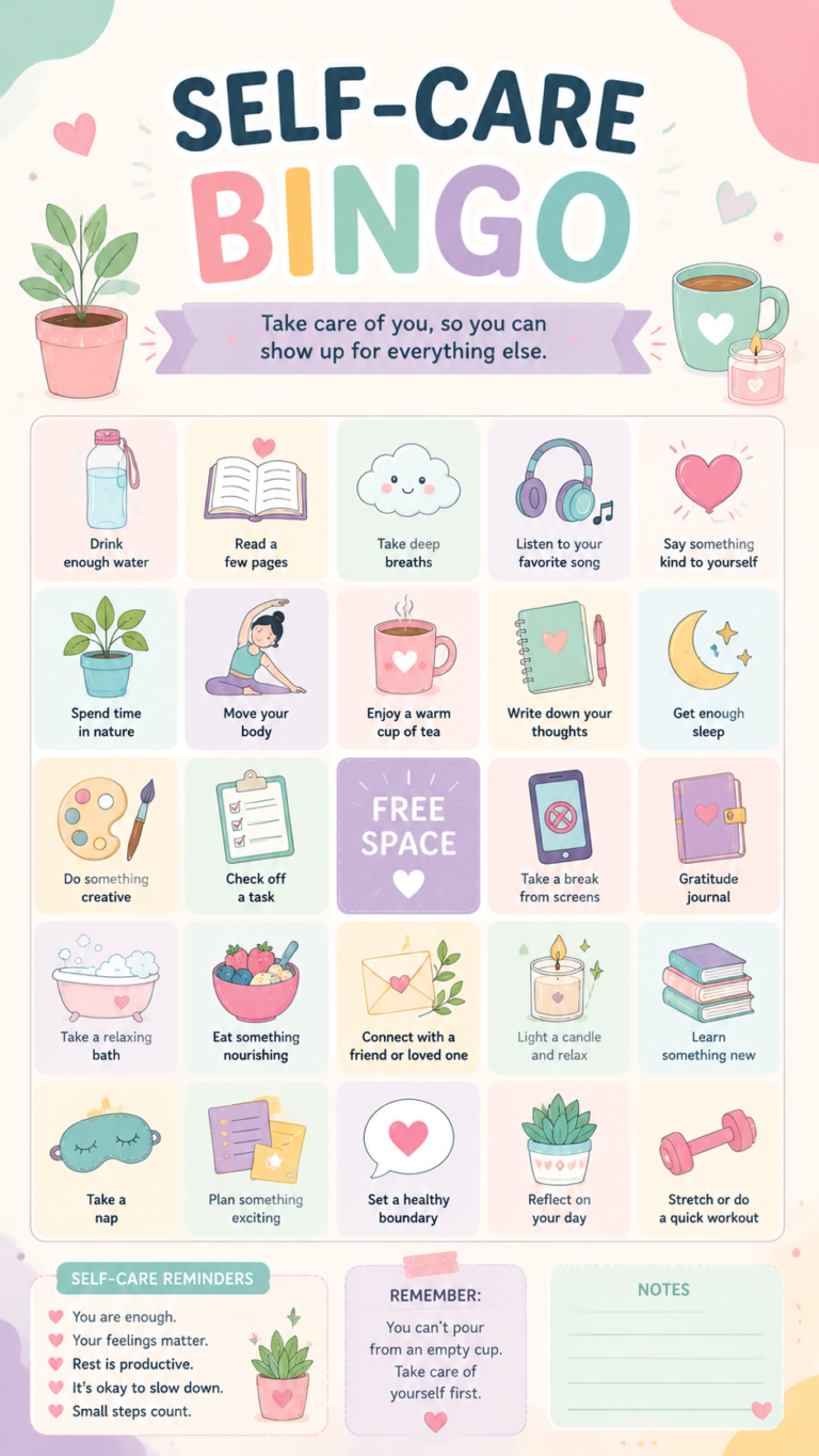 Self-Care Bingo Challenge  25 Fun Wellness Activities for Mind  Body Reset