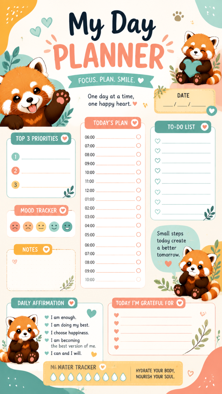 Cute Red Panda Day Planner  Kawaii Aesthetic Study Planner Ideas