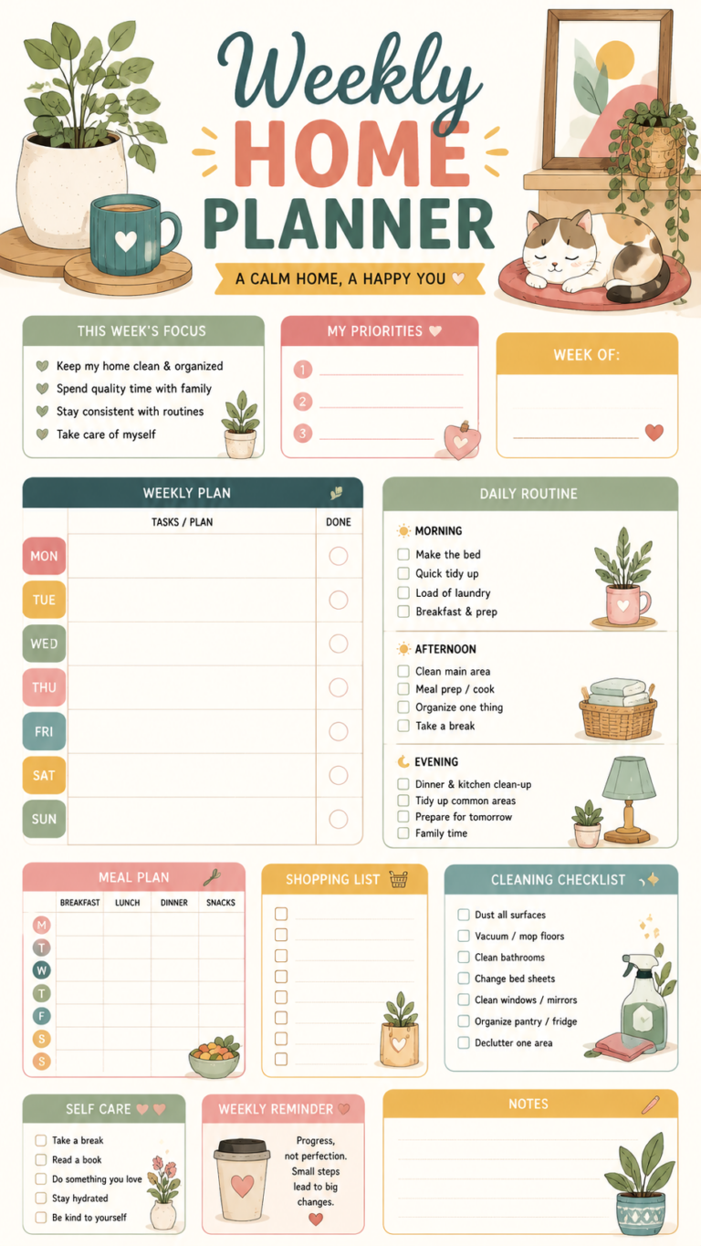 Weekly Home Planner Printable  Cleaning, Meal Plan  Cozy Home Organization