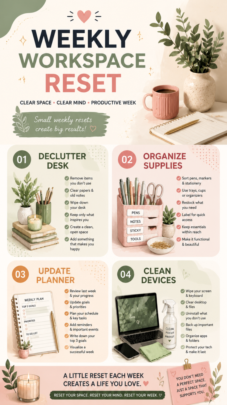 Weekly Workspace Reset Checklist  Desk Organization  Productivity Ideas