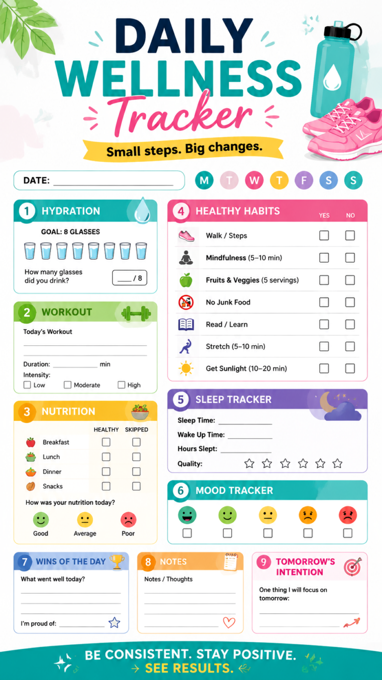 Daily Fitness Tracker Printable  Workout, Water  Healthy Habit Planner