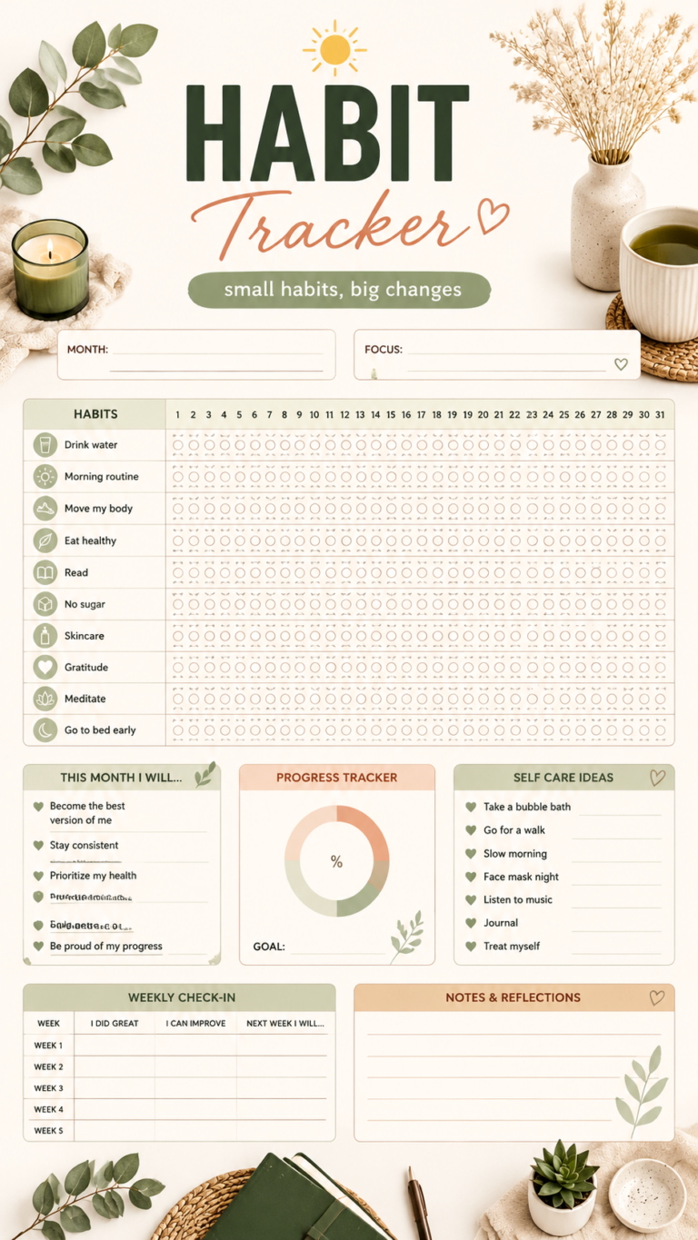 Printable Habit Tracker  Monthly Planner for Healthy Habits  Self-Care Journal