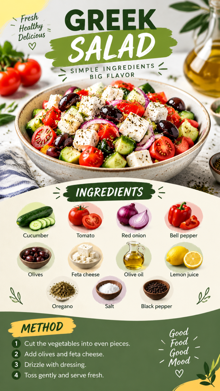 Classic Greek Salad Recipe with Fresh Vegetables, Feta  Olive Oil Dressing