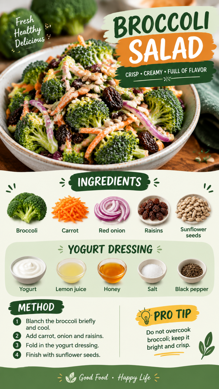 Classic Broccoli Salad Recipe with Yogurt Dressing, Carrots, Raisins  Seeds