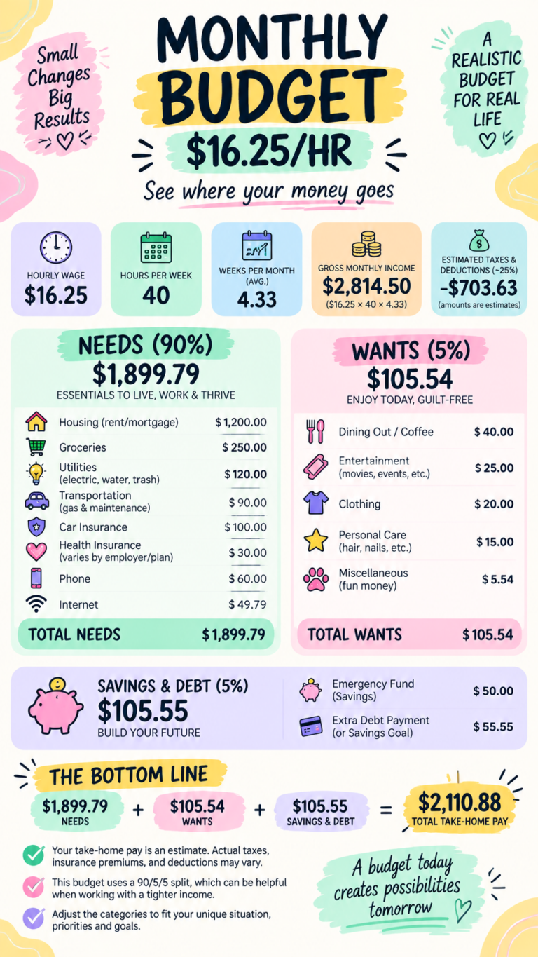 Realistic Monthly Budget Plan for 16.25Hour Income Breakdown  Savings Tips