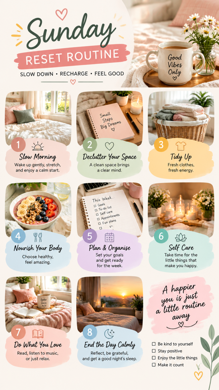 Sunday Reset Routine Cozy Self Care, Cleaning  Weekly Planning Ideas