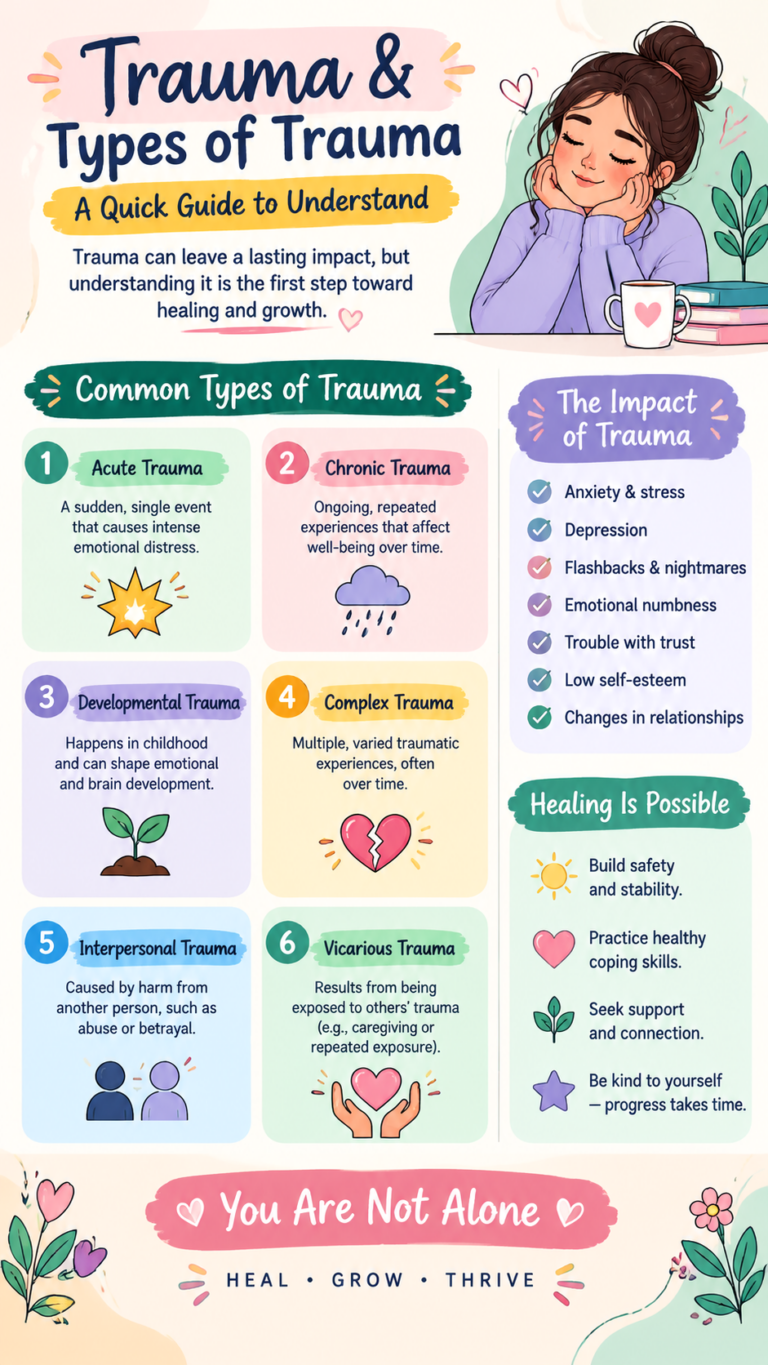 Types of Trauma   Psychology Cheat Sheet, Trauma Symptoms  Student Study Guide