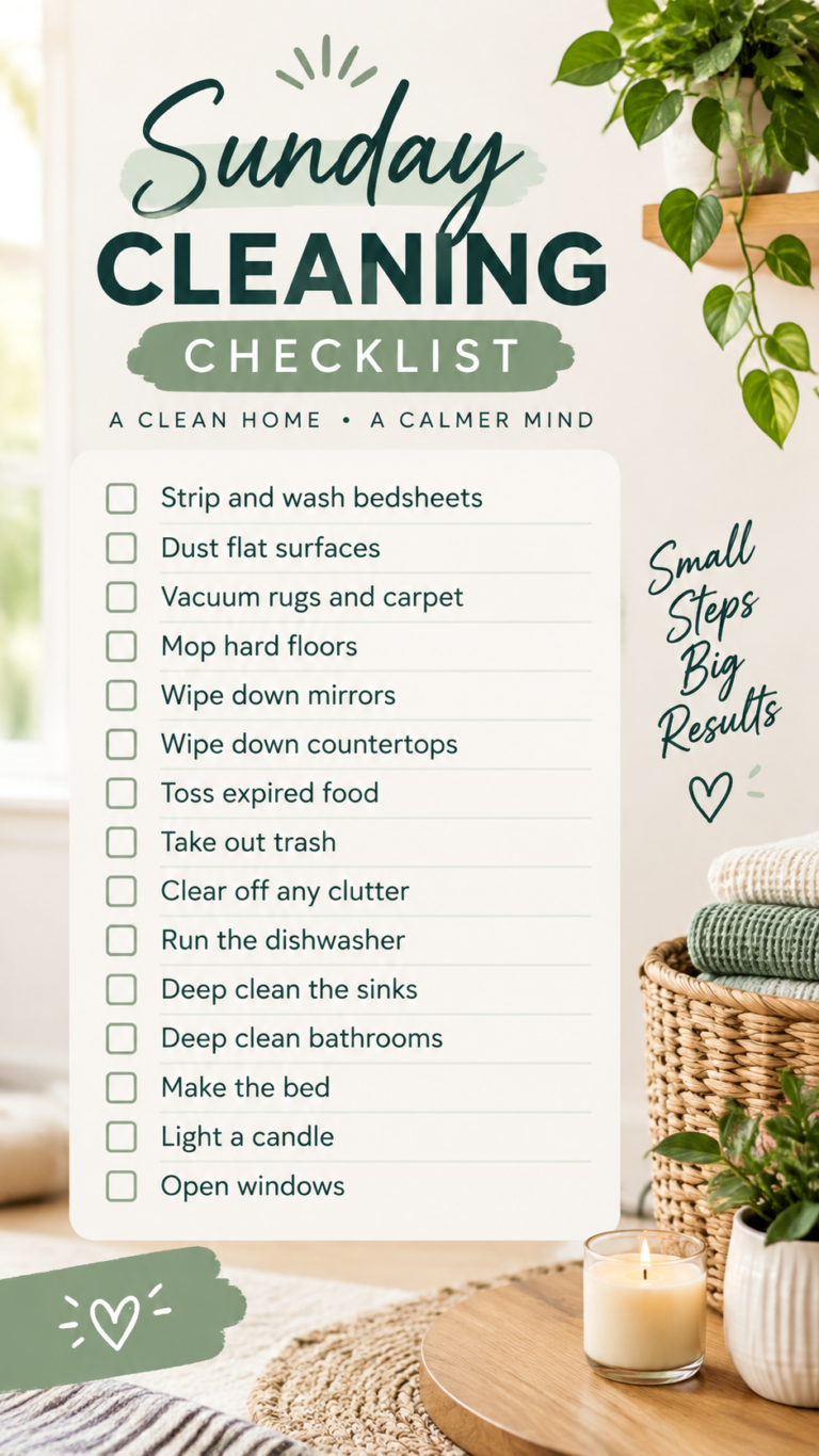 Sunday Cleaning Checklist Weekly Home Reset Routine  Deep Clean Plan